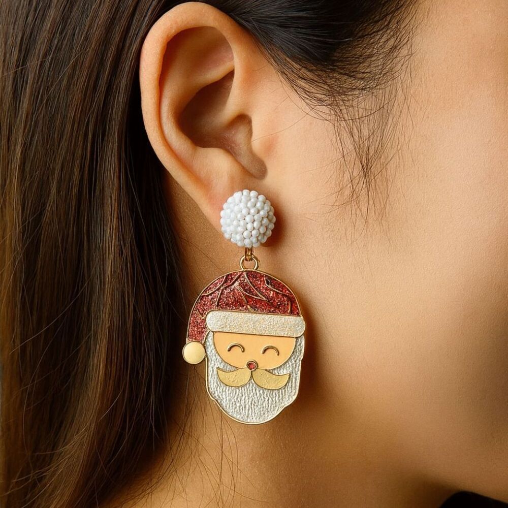Santa Claus Enamel Rhinestone Earrings – Gold-Plated Brass, Festive